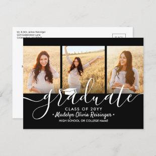 3 Photo Collage Simple Black and White Graduation  Announcement Postcard
