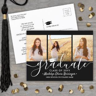 3 Photo Collage Simple Black and White Graduation Announcement Postcard