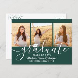 3 Photo Collage Simple Dark Green White Graduation Announcement Postcard