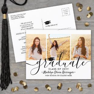 3 Photo Collage Simple Modern Script Graduation Announcement Postcard
