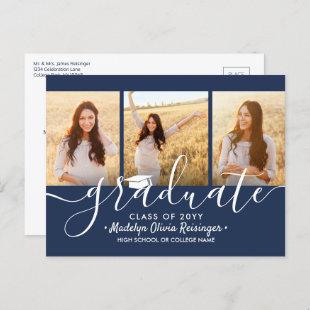 3 Photo Collage Simple Navy Blue White Graduation  Announcement Postcard