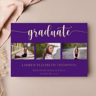3 Photo Elegant Graduation Purple Gold Foil Invitation