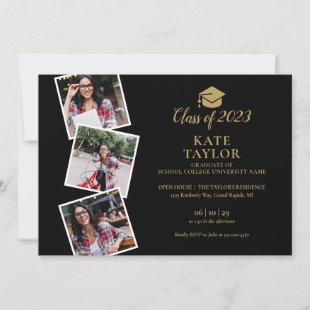 4 Photo Collage Black And Gold Graduation Party In Invitation