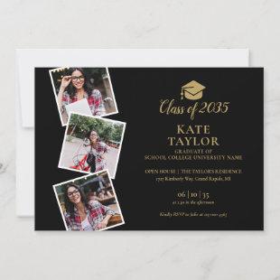 4 Photo Collage  Black And Gold Graduation Party Invitation