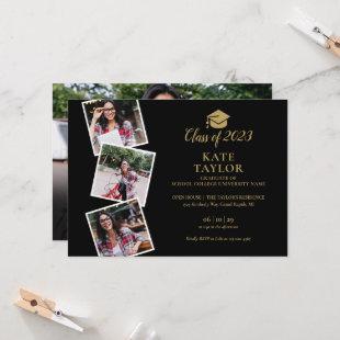 4 Photo Collage  Black And Gold Graduation Party Invitation