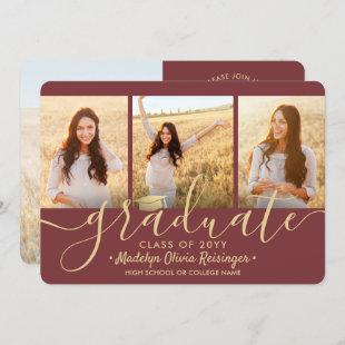 4 Photo Collage Burgundy and Gold Graduation Party Invitation