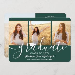 4 Photo Collage Green and White Graduation Party Invitation