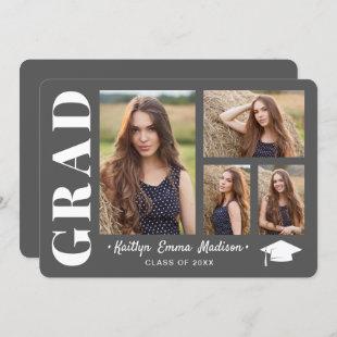 4 Photo Collage Modern Script Gray Grad Announcement