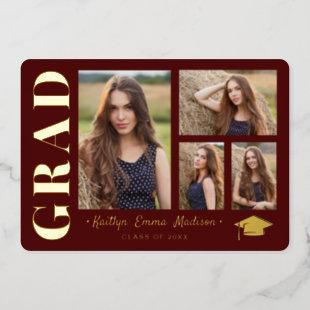 4 Photo Collage Red & Gold Foil Grad Card