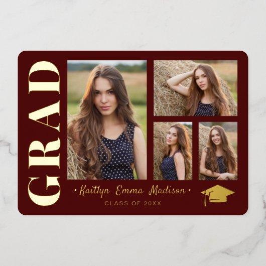 4 Photo Collage Red & Gold Foil Grad Card