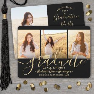 4 Photo Collage Script Black Gold Graduation Party Invitation