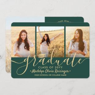 4 Photo Collage Script Green Gold Graduation Party Invitation