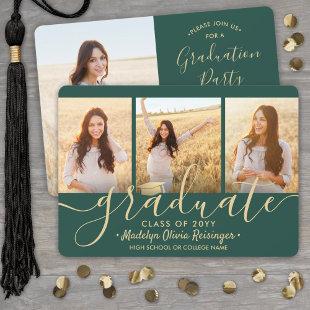 4 Photo Collage Script Green Gold Graduation Party Invitation