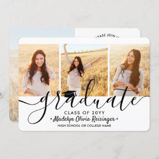 4 Photo Collage Simple Modern Script Graduation Invitation