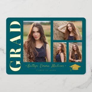 4 Photo Collage Teal & Gold Foil Grad Card