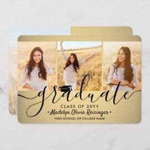 4 Photo Graduation Collage Black & Gold Faux Foil Announcement
