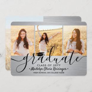 4 Photo Graduation Collage Brushed Silver & Black Announcement