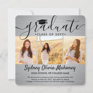 4 Photo Graduation Collage Modern Brushed Silver Announcement