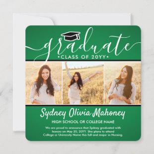 4 Photo Graduation Collage Modern Green and White Announcement