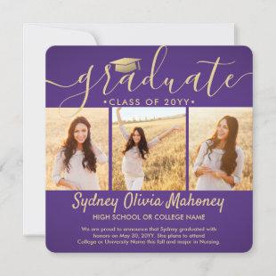 4 Photo Graduation Collage Modern Purple and Gold Announcement