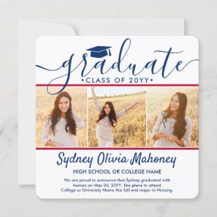 4 Photo Graduation Collage Modern Red White & Blue Announcement