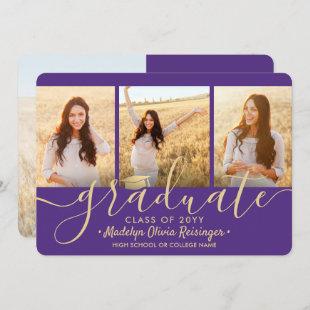 4 Photo Graduation Collage Purple and Gold Script Announcement