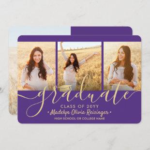 4 Photo Graduation Collage Purple and Gold Script Announcement