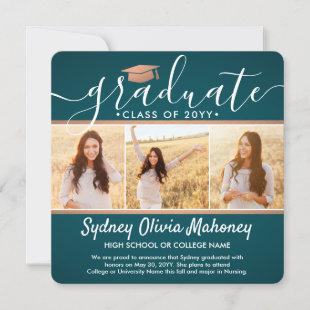 4 Photo Graduation Collage Teal and Faux Copper Announcement