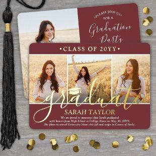 4 Photo Graduation Party Burgundy White and Gold Foil Invitation