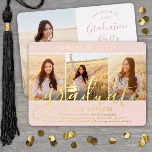 4 Photo Graduation Party Elegant Blush Pink & Gold Foil Invitation