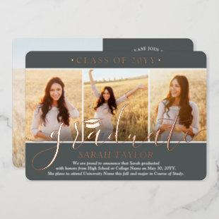 4 Photo Graduation Party Gray White and Rose Gold Foil Invitation