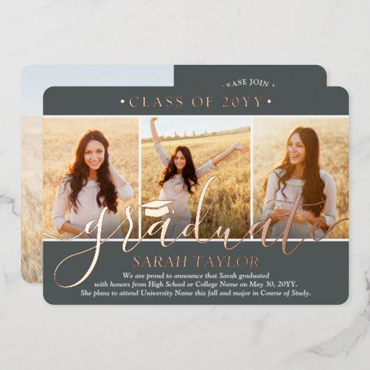 4 Photo Graduation Party Gray White and Rose Gold Foil Invitation
