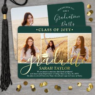 4 Photo Graduation Party Green White and Gold Foil Invitation
