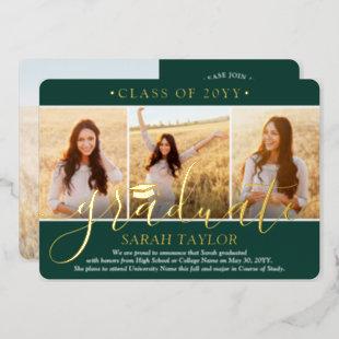 4 Photo Graduation Party Green White and Gold Foil Invitation