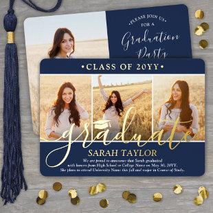 4 Photo Graduation Party Navy Blue White and Gold Foil Invitation
