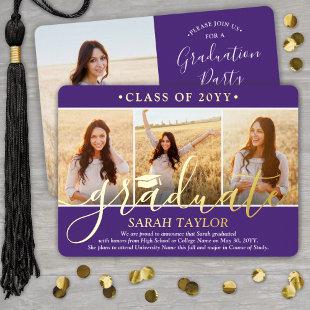 4 Photo Graduation Party Purple White and Gold Foil Invitation