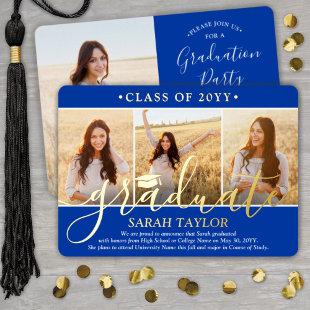 4 Photo Graduation Party Royal Blue White and Gold Foil Invitation