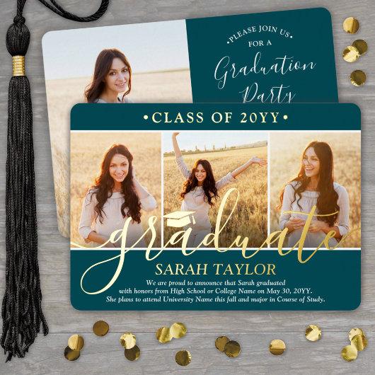 4 Photo Graduation Party Teal White and Gold Foil Invitation