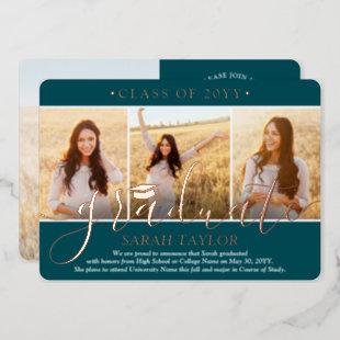 4 Photo Graduation Party Teal White and Rose Gold Foil Invitation
