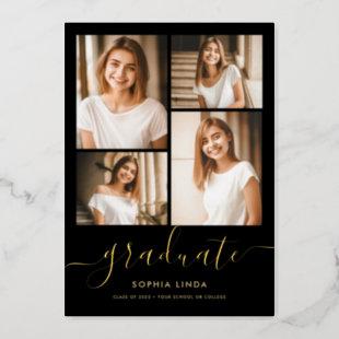 5 Photo Graduation Collage Elegant Black & Gold Foil Invitation