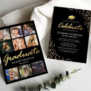 9 Photo Collage Black Gold Graduation Party Invitation
