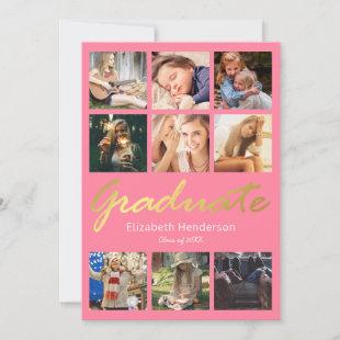 9 Photo Collage Pink Gold Graduation Party Invitation