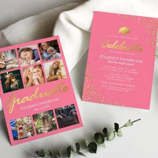 9 Photo Collage Pink Gold Graduation Party Invitation