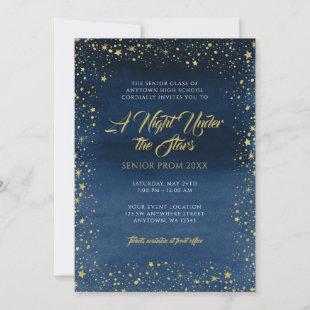 A Night Under the Stars Gold Navy Blue Prom Invitation
