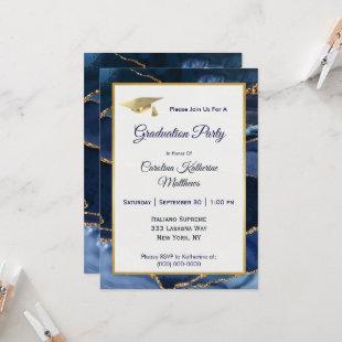 Abstract Navy Blue Agate Gold Cap Graduation Invitation