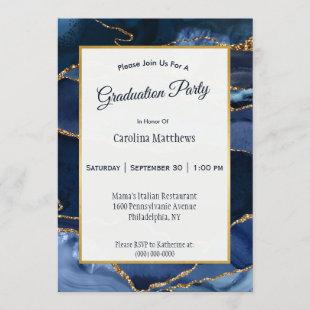 Abstract Navy Blue Agate Watercolor Graduation Invitation