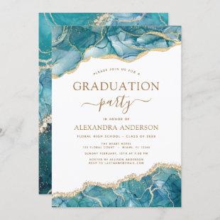 Agate Graduation 2023 Teal Gold Blue Turquoise Invitation