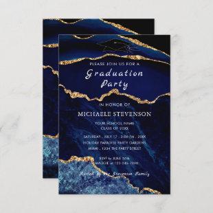 Agate Navy Blue Gold Marble Graduation Invitation