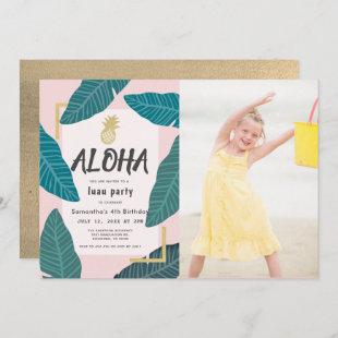 Aloha Hawaiian Luau Pineapple Photo Pink Birthday Invitation
