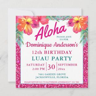 Aloha Luau Pink Glitter Tropical Hibiscus Square